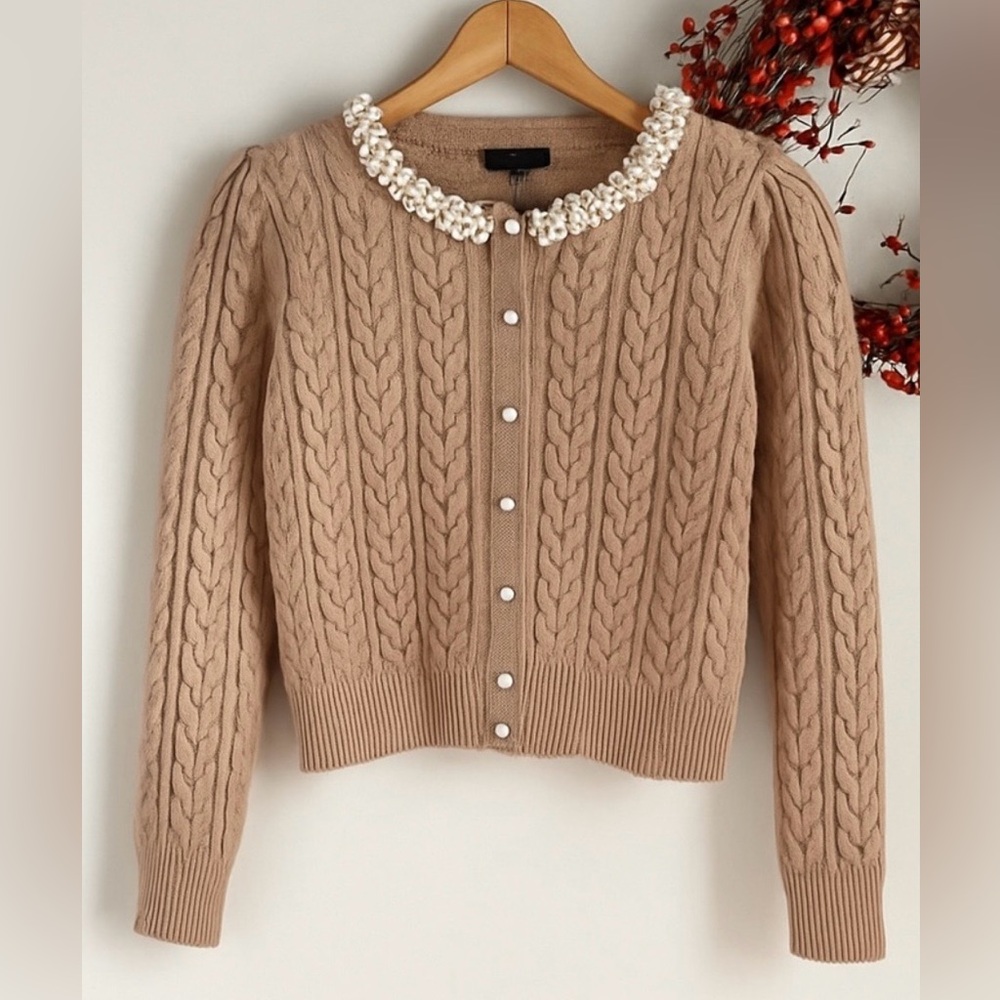 NWT ADRIANNA PAPELL Pearly Trim Cable Knit Cardigan Sweater Heather Frappe XL